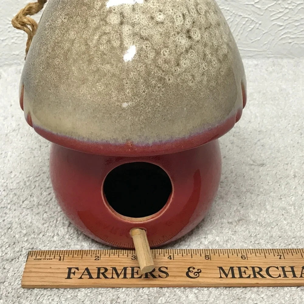 Ceramic Mushroom Birdhouse Hanging Garden Decor Red Toadstool Village Novelty 8